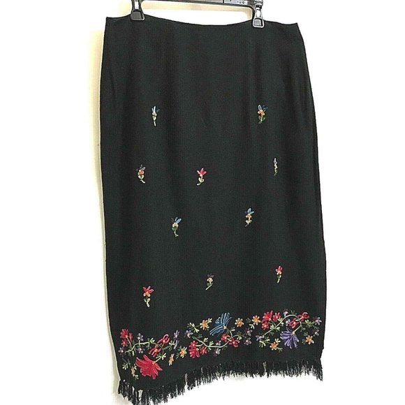 Vintage Black Midi Skirt XL Crewel Floral Embroidery Border Fringed Hem - Picture 1 of 8